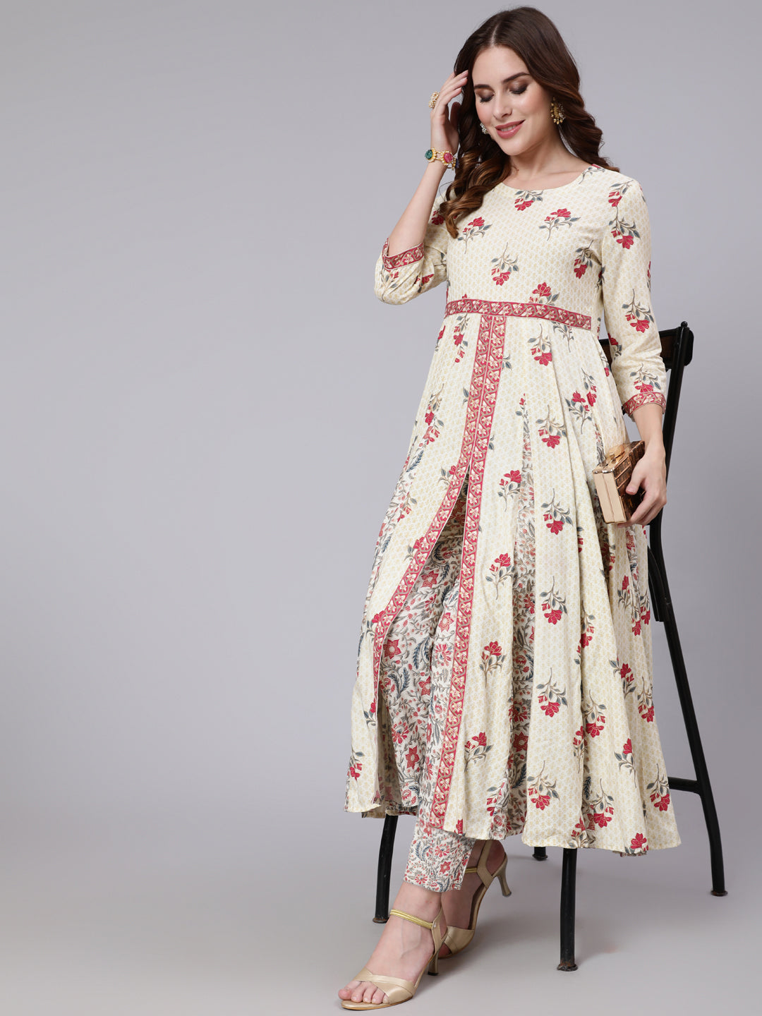 Cotton Calf Length Printed Flared 3/4 Sleeve Round Neck Kurta Pant Set