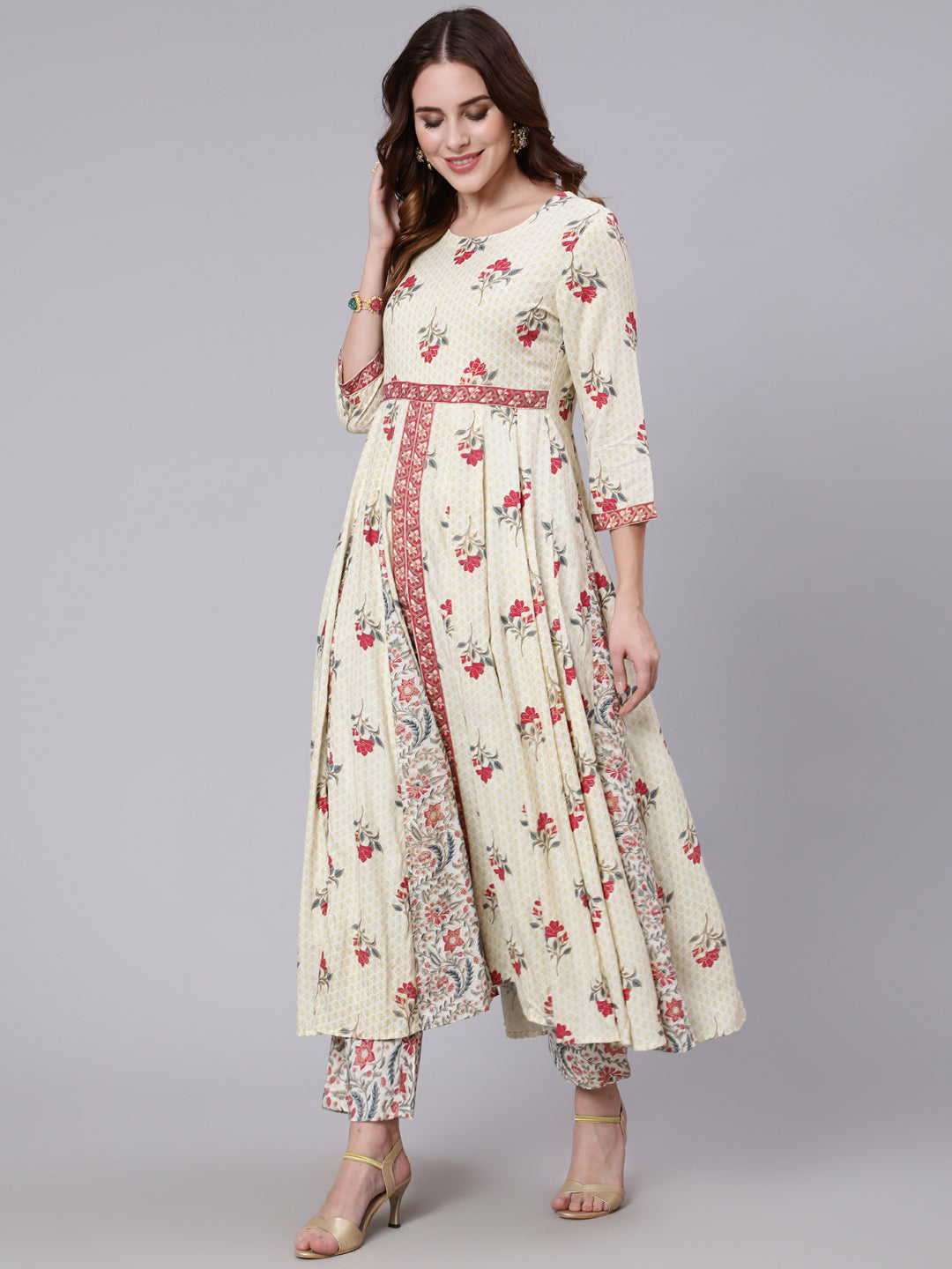 Cotton Calf Length Printed Flared 3/4 Sleeve Round Neck Kurta Pant Set