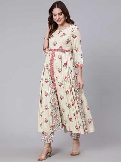 Cotton Calf Length Printed Flared 3/4 Sleeve Round Neck Kurta Pant Set