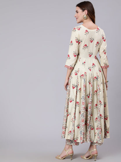 Cotton Calf Length Printed Flared 3/4 Sleeve Round Neck Kurta Pant Set