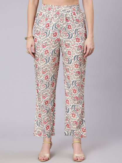 Cotton Calf Length Printed Flared 3/4 Sleeve Round Neck Kurta Pant Set