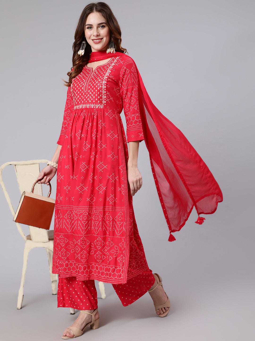 Rayon Calf Length Printed Semi Flared 3/4 Sleeve Round Neck Kurta Dupatta Pant Set