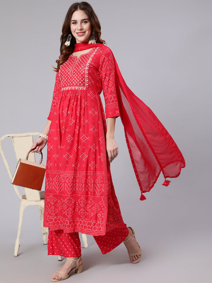 Rayon Calf Length Printed Semi Flared 3/4 Sleeve Round Neck Kurta Dupatta Pant Set
