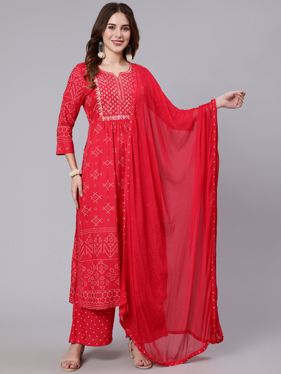 Rayon Calf Length Printed Semi Flared 3/4 Sleeve Round Neck Kurta Dupatta Pant Set