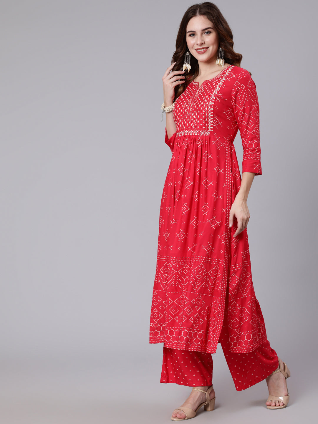 Rayon Calf Length Printed Semi Flared 3/4 Sleeve Round Neck Kurta Dupatta Pant Set