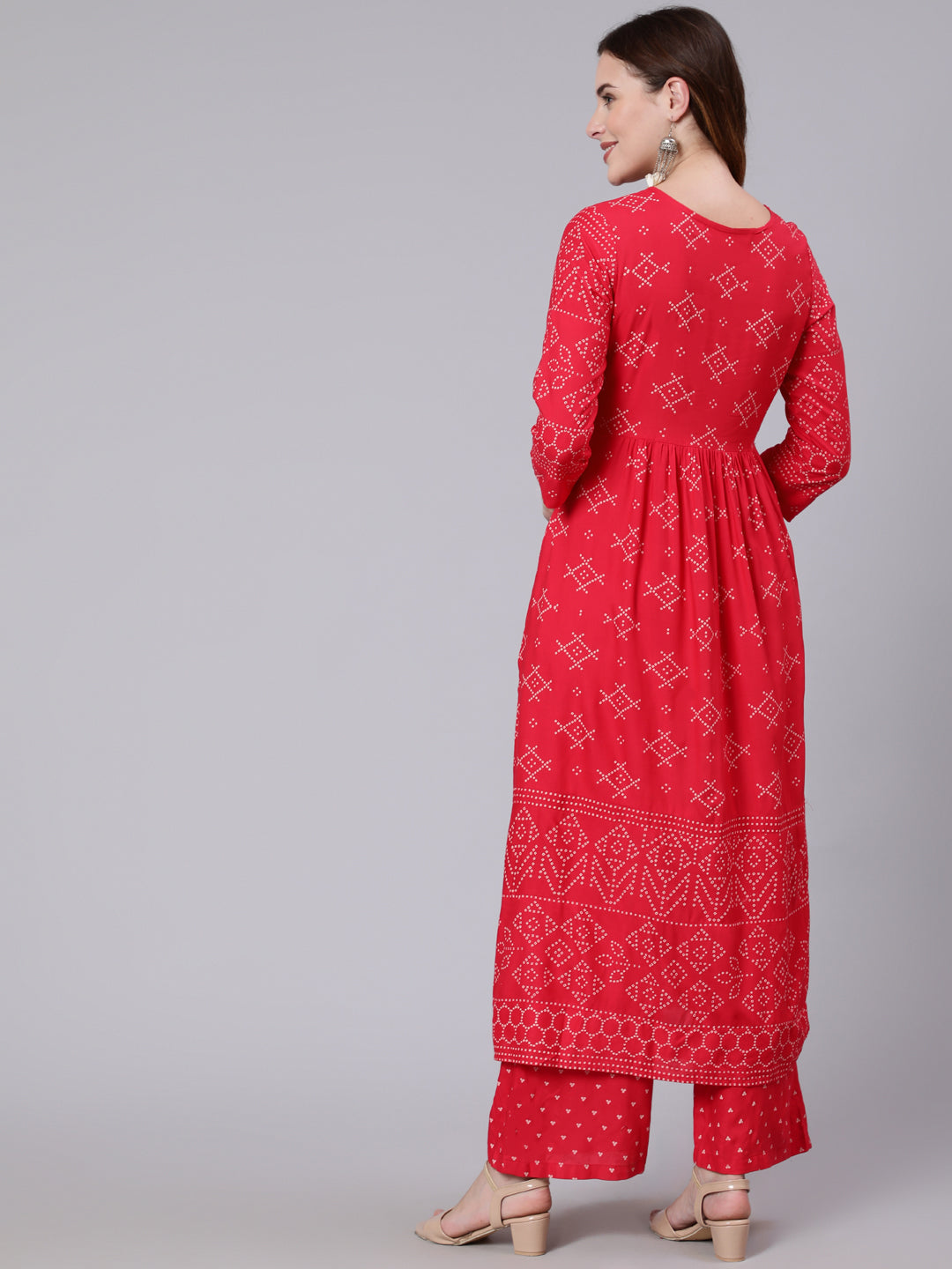 Rayon Calf Length Printed Semi Flared 3/4 Sleeve Round Neck Kurta Dupatta Pant Set