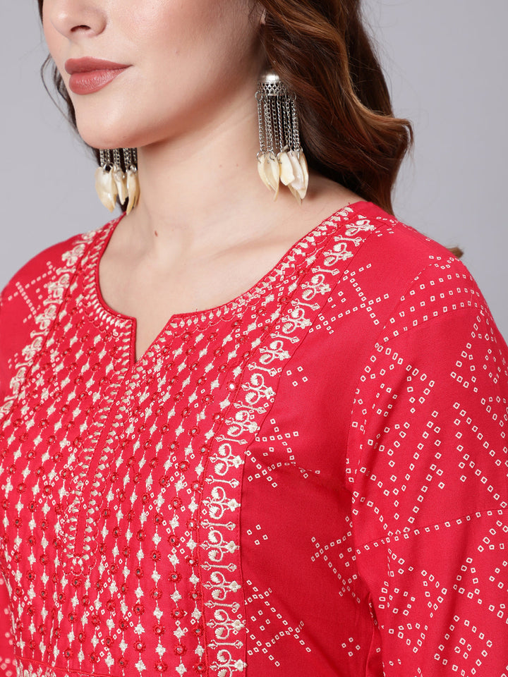 Rayon Calf Length Printed Semi Flared 3/4 Sleeve Round Neck Kurta Dupatta Pant Set
