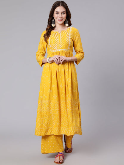 Rayon Calf Length Printed Semi Flared 3/4 Sleeve Round Neck Kurta Dupatta Pant Set