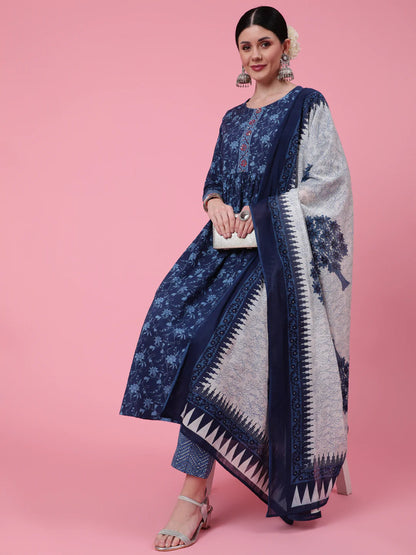 Cotton Calf Length Printed Semi Flared 3/4 Sleeve Round Neck Kurta Bottom Dupatta Set