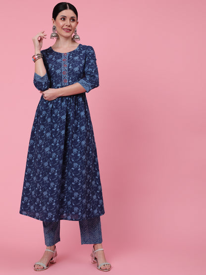 Cotton Calf Length Printed Semi Flared 3/4 Sleeve Round Neck Kurta Bottom Dupatta Set