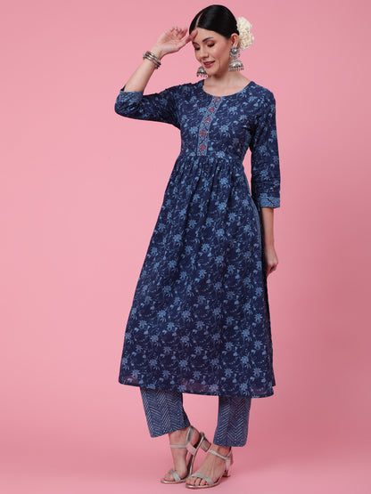 Cotton Calf Length Printed Semi Flared 3/4 Sleeve Round Neck Kurta Bottom Dupatta Set