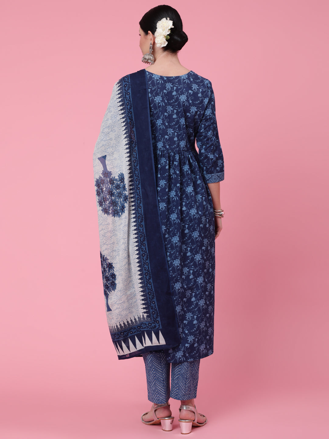 Cotton Calf Length Printed Semi Flared 3/4 Sleeve Round Neck Kurta Bottom Dupatta Set