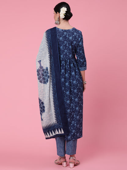 Cotton Calf Length Printed Semi Flared 3/4 Sleeve Round Neck Kurta Bottom Dupatta Set