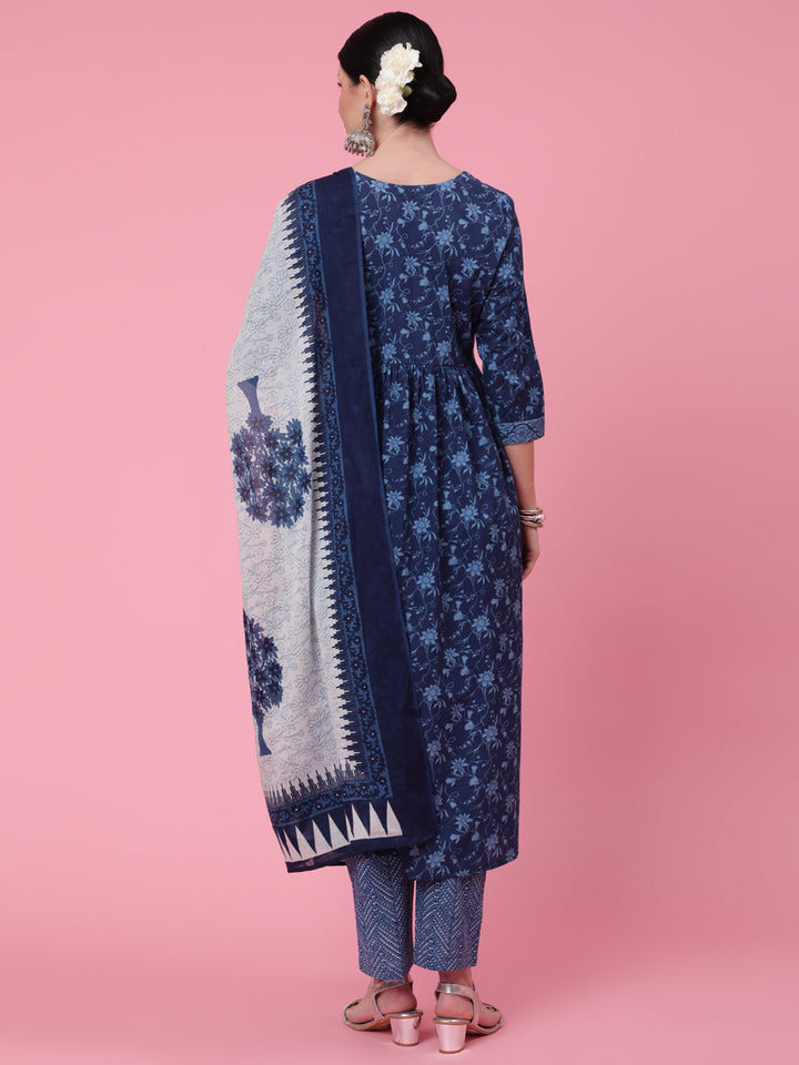 Cotton Calf Length Printed Semi Flared 3/4 Sleeve Round Neck Kurta Bottom Dupatta Set