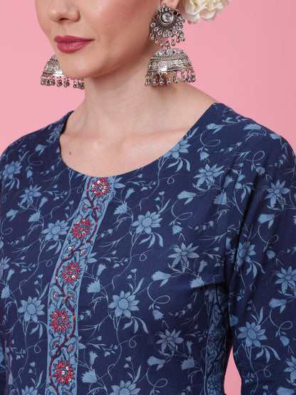 Cotton Calf Length Printed Semi Flared 3/4 Sleeve Round Neck Kurta Bottom Dupatta Set