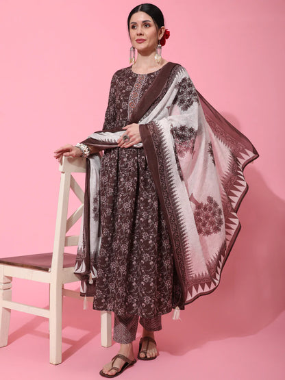 Cotton Calf Length Printed Semi Flared 3/4 Sleeve Round Neck Kurta Bottom Dupatta Set
