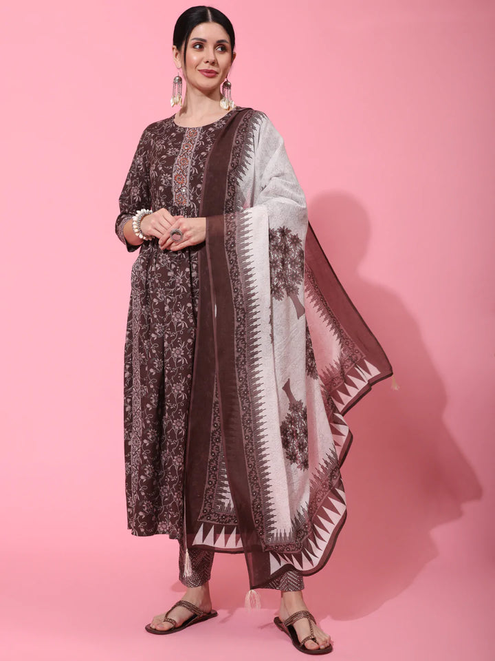 Cotton Calf Length Printed Semi Flared 3/4 Sleeve Round Neck Kurta Bottom Dupatta Set