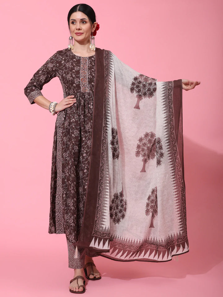 Cotton Calf Length Printed Semi Flared 3/4 Sleeve Round Neck Kurta Bottom Dupatta Set