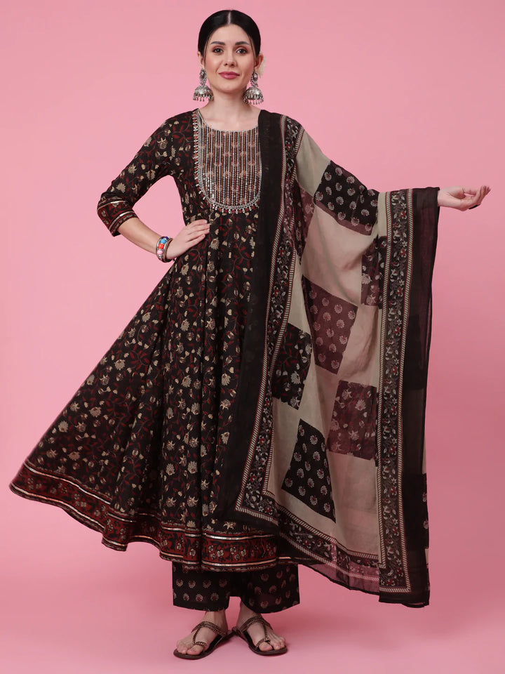 Cotton Calf Length Printed Flared 3/4 Sleeve Round Neck Kurta Bottom Dupatta Set