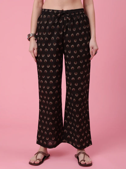 Cotton Calf Length Printed Flared 3/4 Sleeve Round Neck Kurta Bottom Dupatta Set