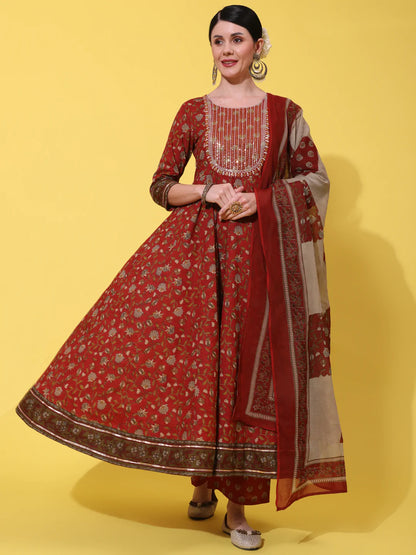 Cotton Calf Length Printed Flared 3/4 Sleeve Round Neck Kurta Bottom Dupatta Set