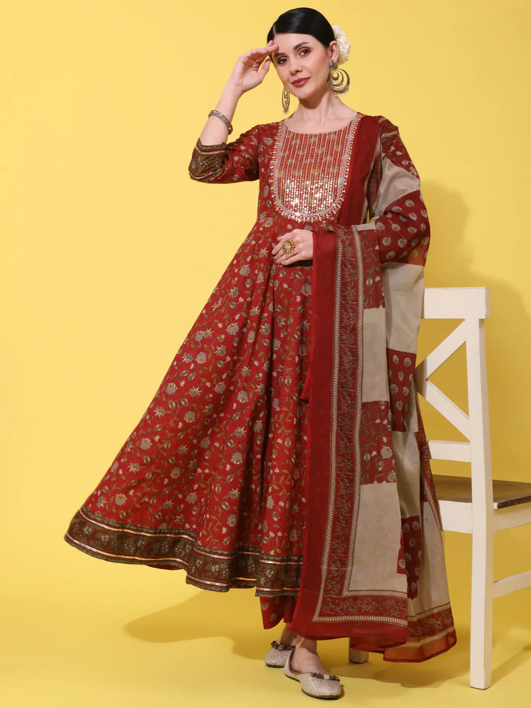 Cotton Calf Length Printed Flared 3/4 Sleeve Round Neck Kurta Bottom Dupatta Set