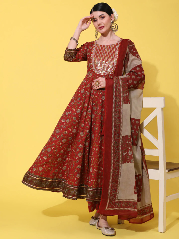 Cotton Calf Length Printed Flared 3/4 Sleeve Round Neck Kurta Bottom Dupatta Set