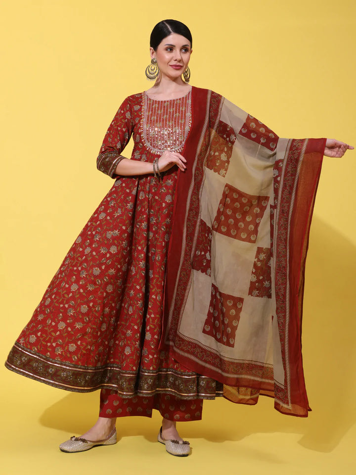 Cotton Calf Length Printed Flared 3/4 Sleeve Round Neck Kurta Bottom Dupatta Set