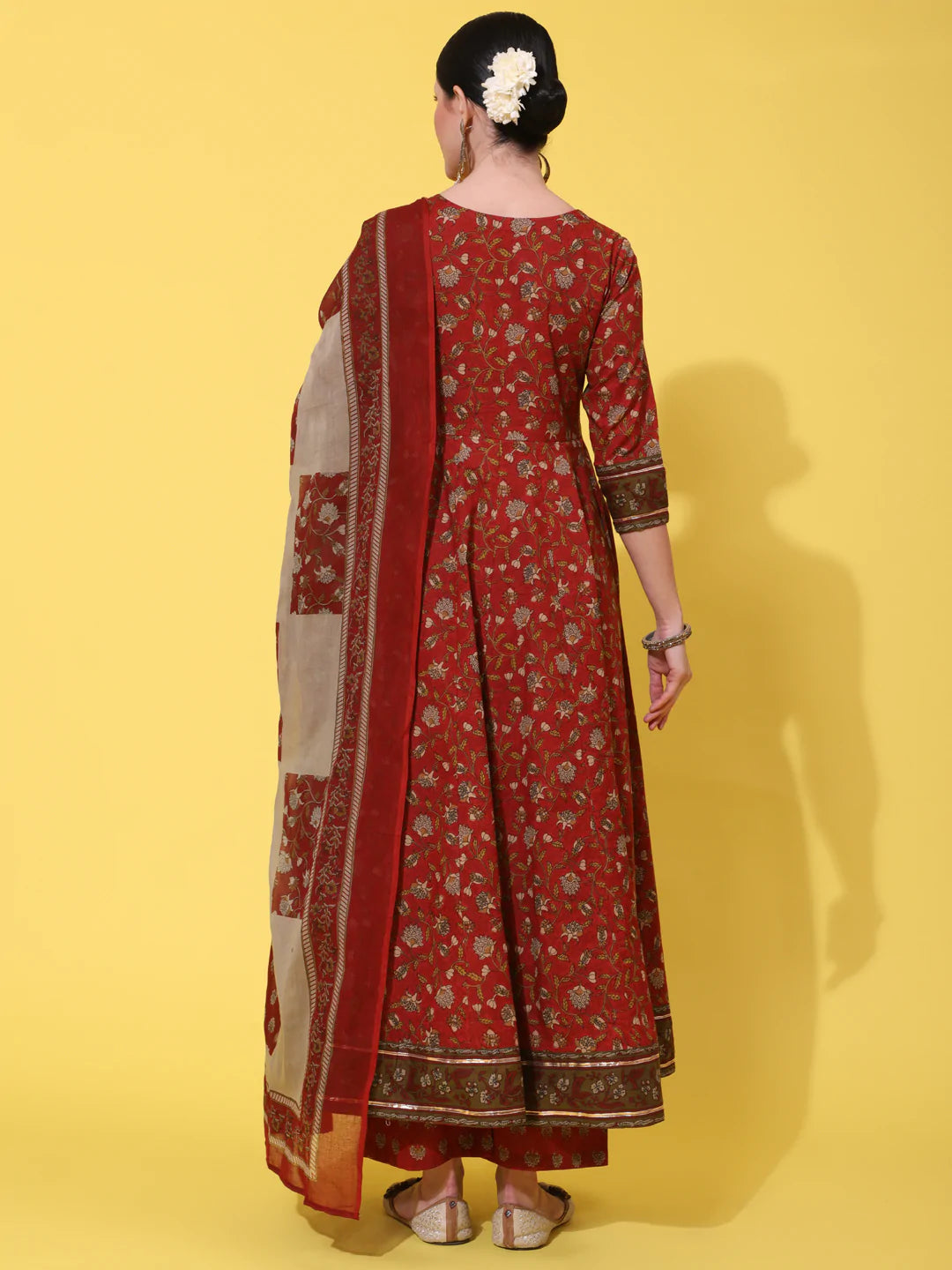 Cotton Calf Length Printed Flared 3/4 Sleeve Round Neck Kurta Bottom Dupatta Set