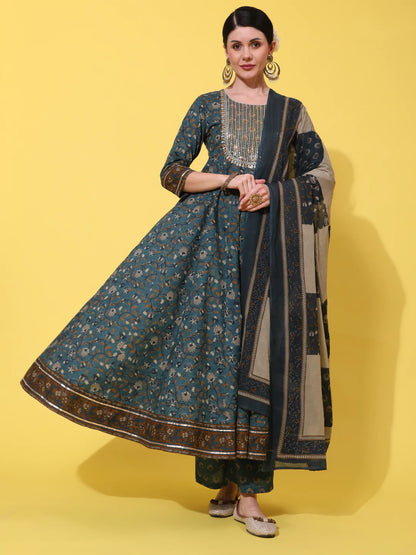 Cotton Calf Length Printed Flared 3/4 Sleeve Round Neck Kurta Bottom Dupatta Set