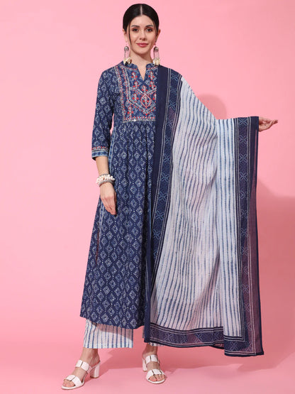 Cotton Calf Length Printed Semi Flared 3/4 Sleeve Collar Neck Kurta Bottom Dupatta Set