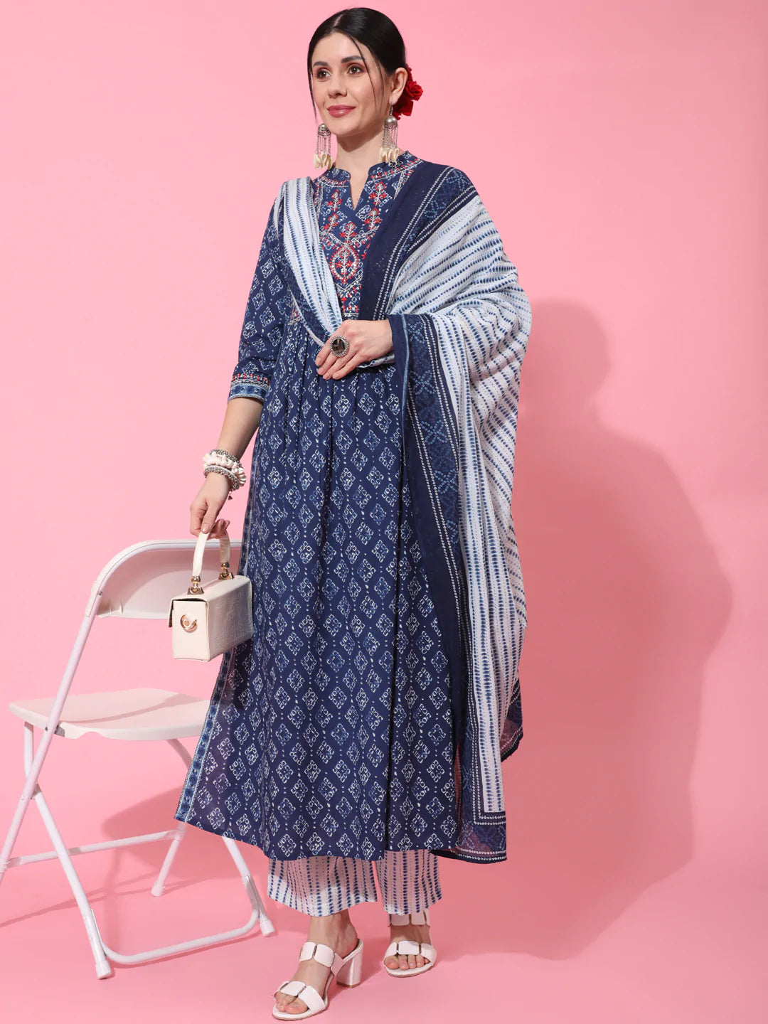 Cotton Calf Length Printed Semi Flared 3/4 Sleeve Collar Neck Kurta Bottom Dupatta Set