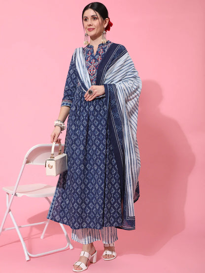 Cotton Calf Length Printed Semi Flared 3/4 Sleeve Collar Neck Kurta Bottom Dupatta Set