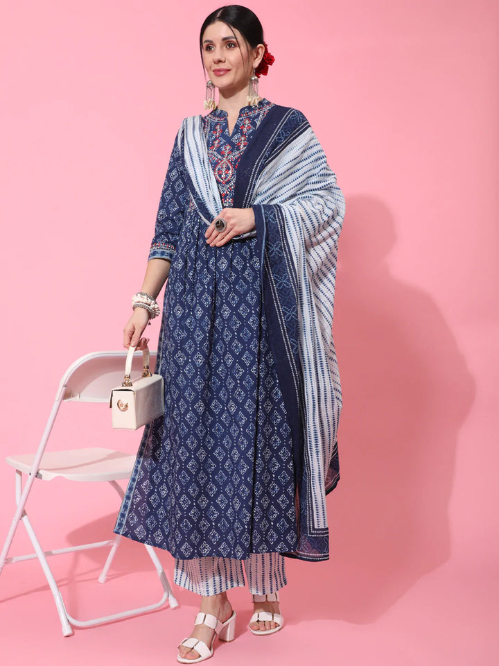 Cotton Calf Length Printed Semi Flared 3/4 Sleeve Collar Neck Kurta Bottom Dupatta Set