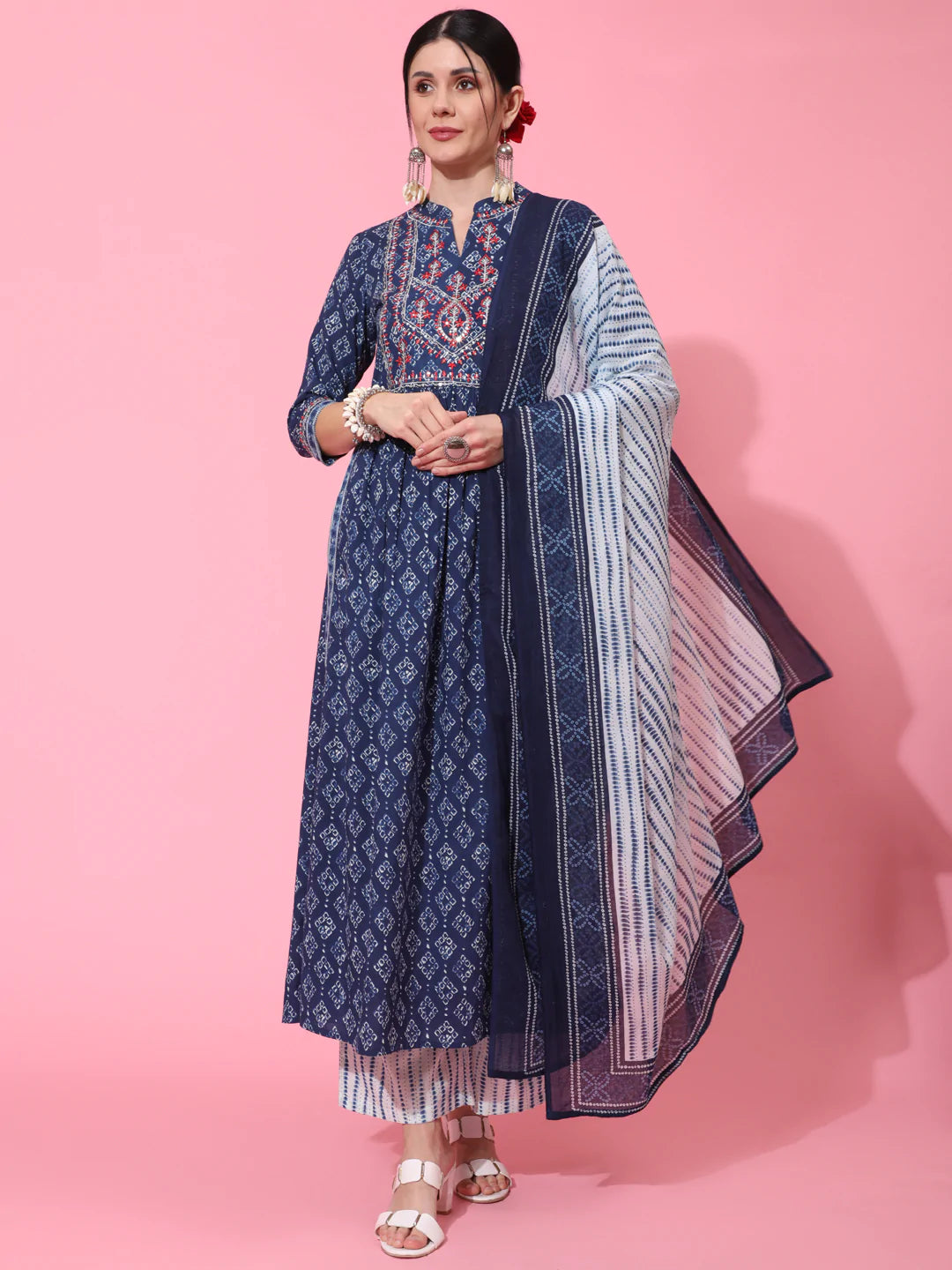 Cotton Calf Length Printed Semi Flared 3/4 Sleeve Collar Neck Kurta Bottom Dupatta Set