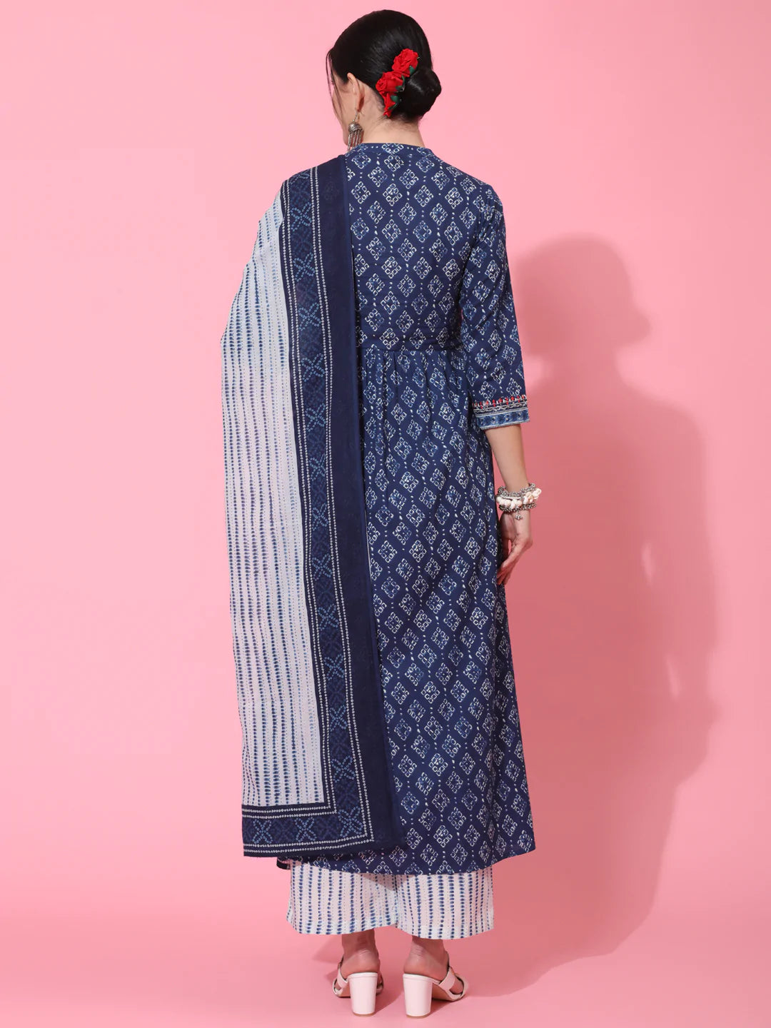 Cotton Calf Length Printed Semi Flared 3/4 Sleeve Collar Neck Kurta Bottom Dupatta Set