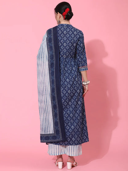 Cotton Calf Length Printed Semi Flared 3/4 Sleeve Collar Neck Kurta Bottom Dupatta Set