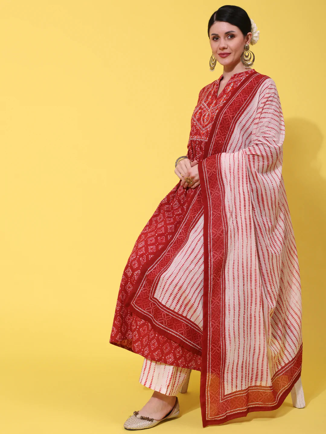 Cotton Calf Length Printed Semi Flared 3/4 Sleeve Collar Neck Kurta Bottom Dupatta Set