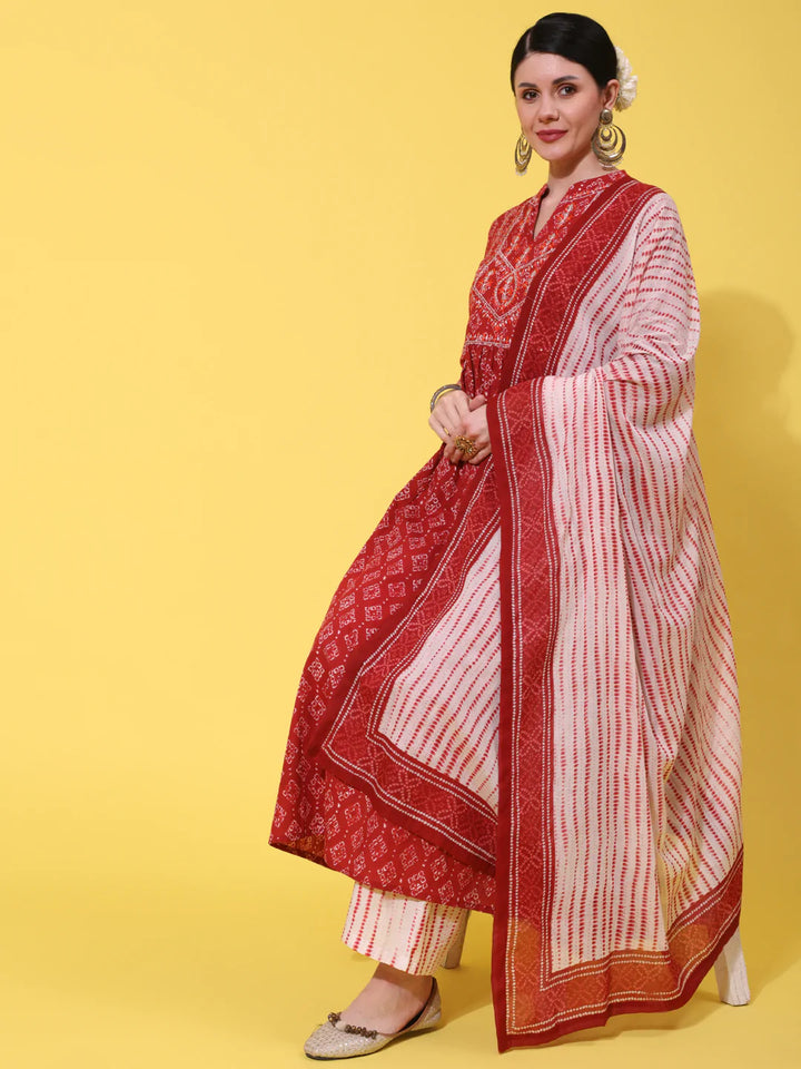 Cotton Calf Length Printed Semi Flared 3/4 Sleeve Collar Neck Kurta Bottom Dupatta Set