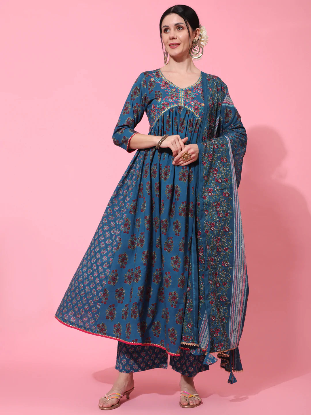 Cotton Calf Length Printed Flared 3/4 Sleeve V Neck Kurta Bottom Dupatta Set