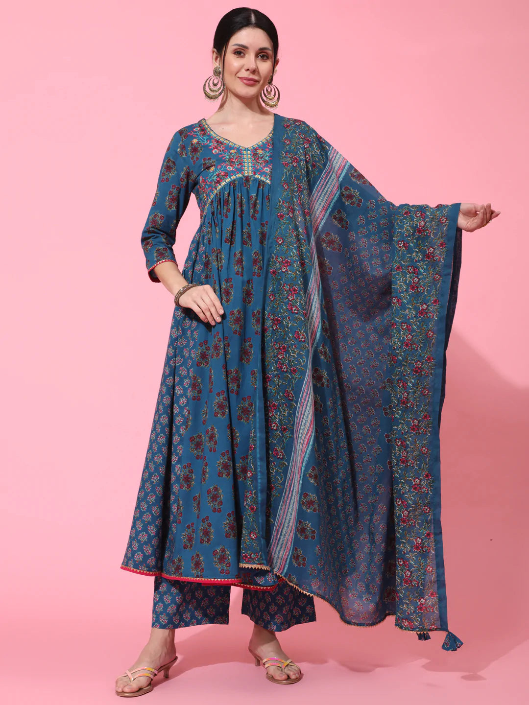 Cotton Calf Length Printed Flared 3/4 Sleeve V Neck Kurta Bottom Dupatta Set