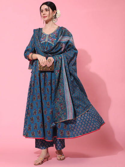 Cotton Calf Length Printed Flared 3/4 Sleeve V Neck Kurta Bottom Dupatta Set