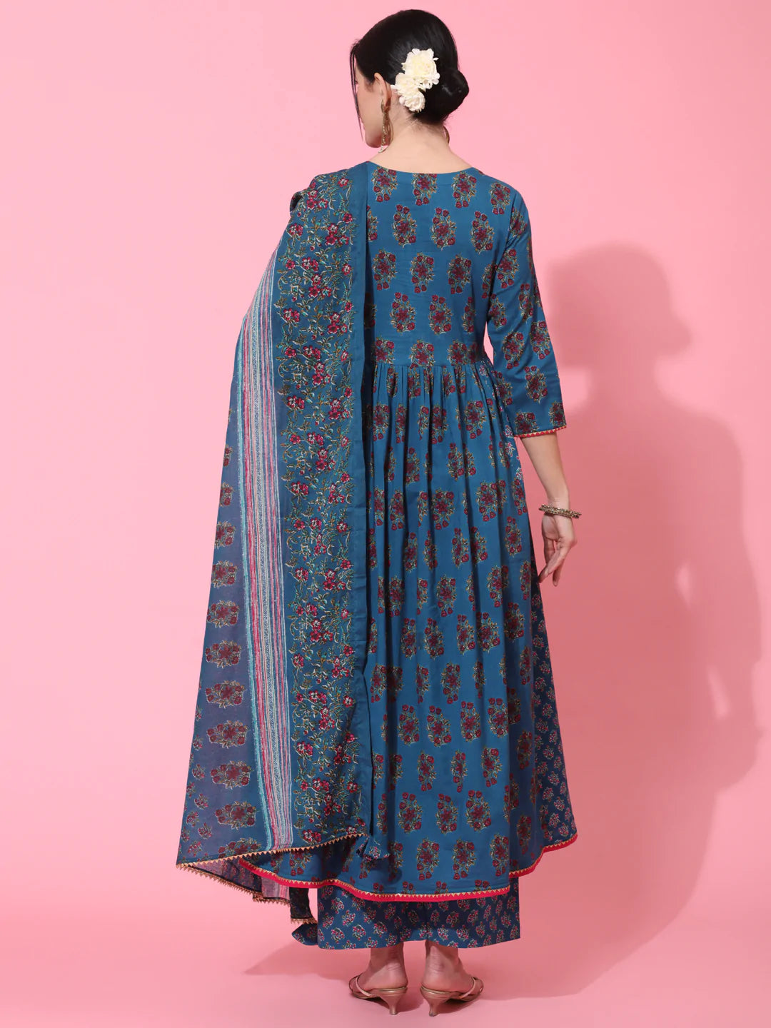 Cotton Calf Length Printed Flared 3/4 Sleeve V Neck Kurta Bottom Dupatta Set