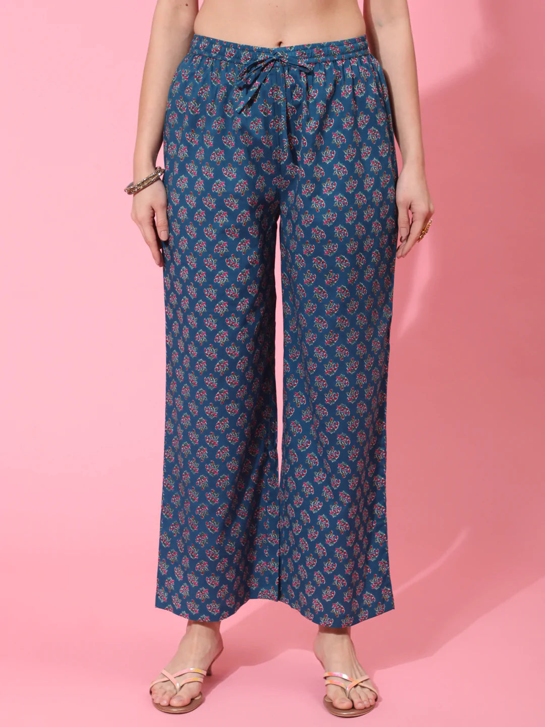 Cotton Calf Length Printed Flared 3/4 Sleeve V Neck Kurta Bottom Dupatta Set