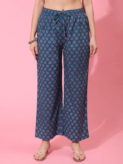 Cotton Calf Length Printed Flared 3/4 Sleeve V Neck Kurta Bottom Dupatta Set