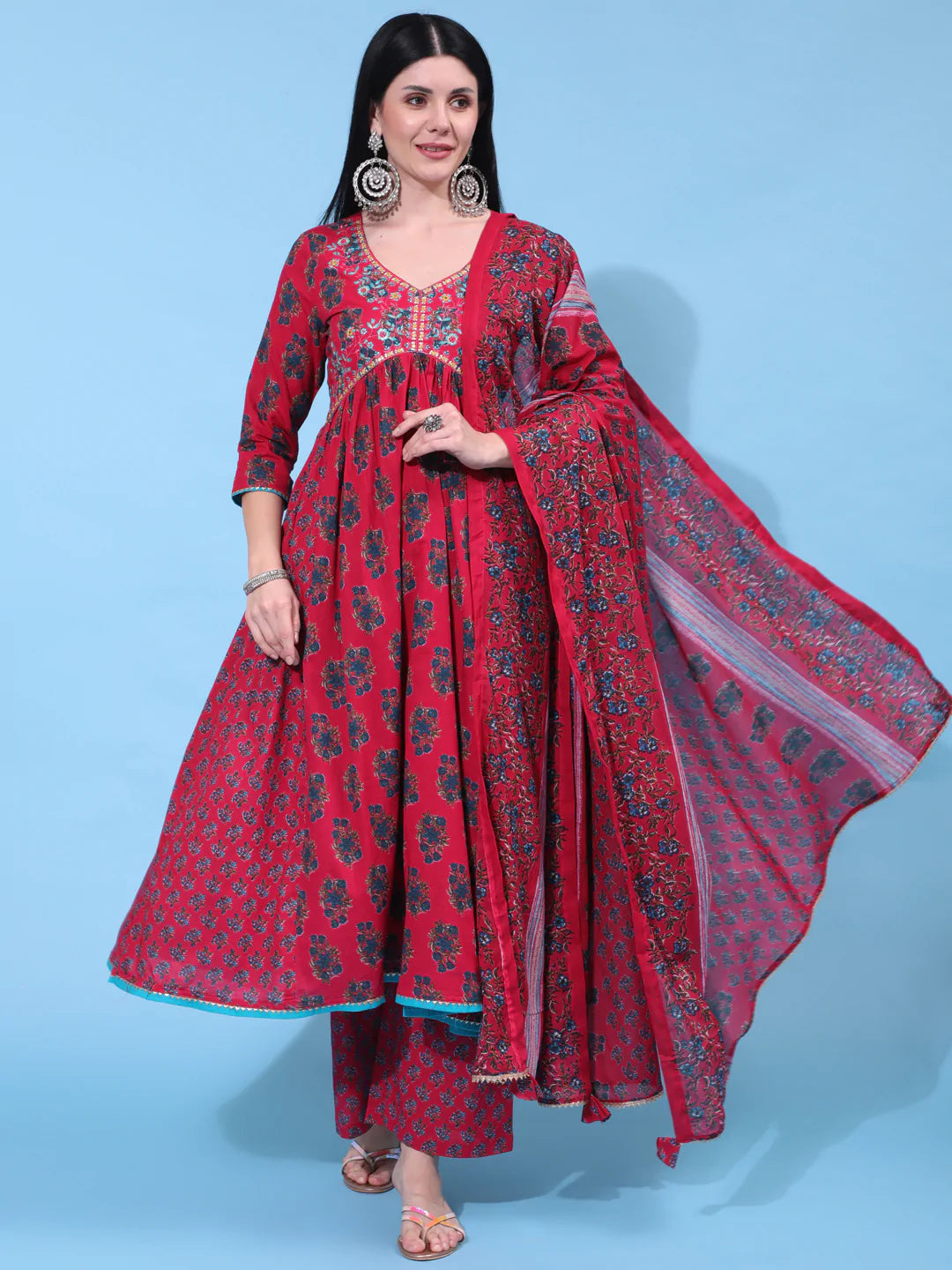Cotton Calf Length Printed Flared 3/4 Sleeve V Neck Kurta Bottom Dupatta Set