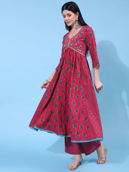 Cotton Calf Length Printed Flared 3/4 Sleeve V Neck Kurta Bottom Dupatta Set