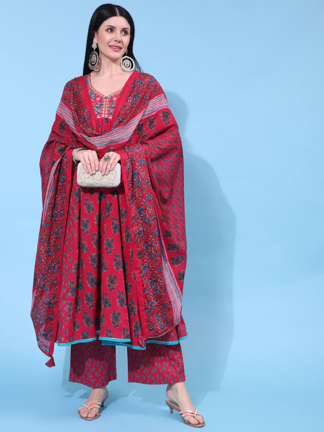 Cotton Calf Length Printed Flared 3/4 Sleeve V Neck Kurta Bottom Dupatta Set