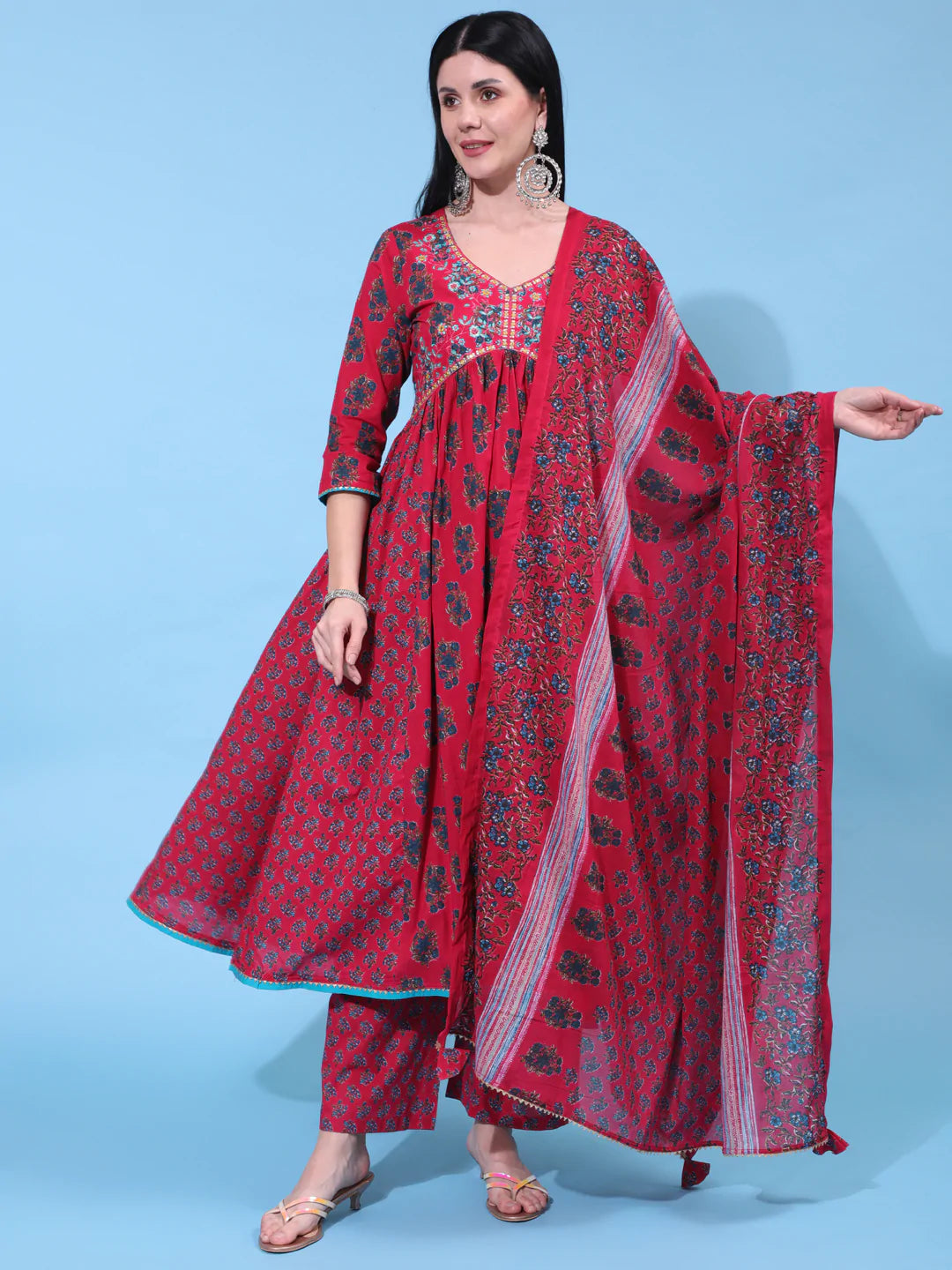 Cotton Calf Length Printed Flared 3/4 Sleeve V Neck Kurta Bottom Dupatta Set