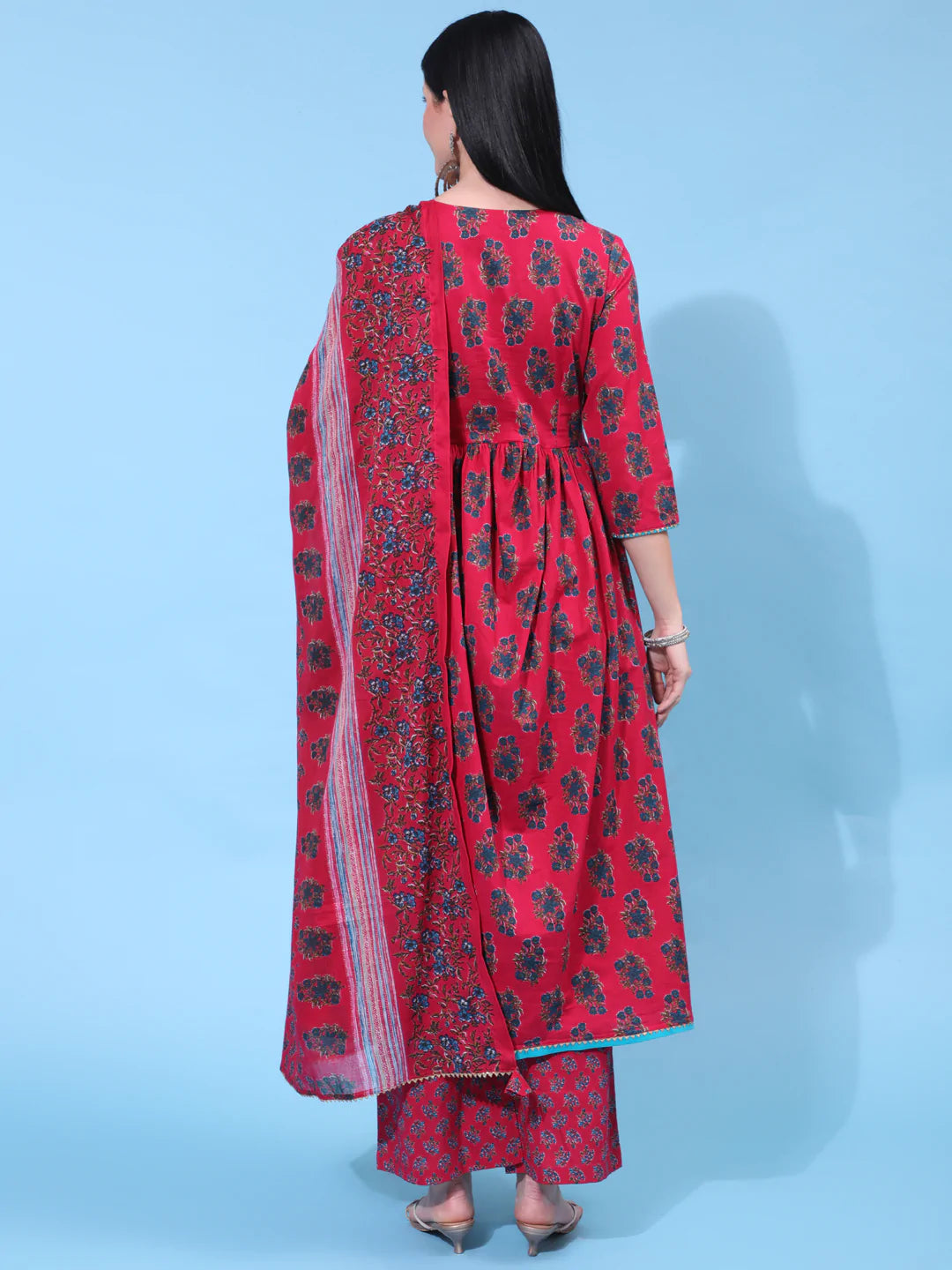 Cotton Calf Length Printed Flared 3/4 Sleeve V Neck Kurta Bottom Dupatta Set
